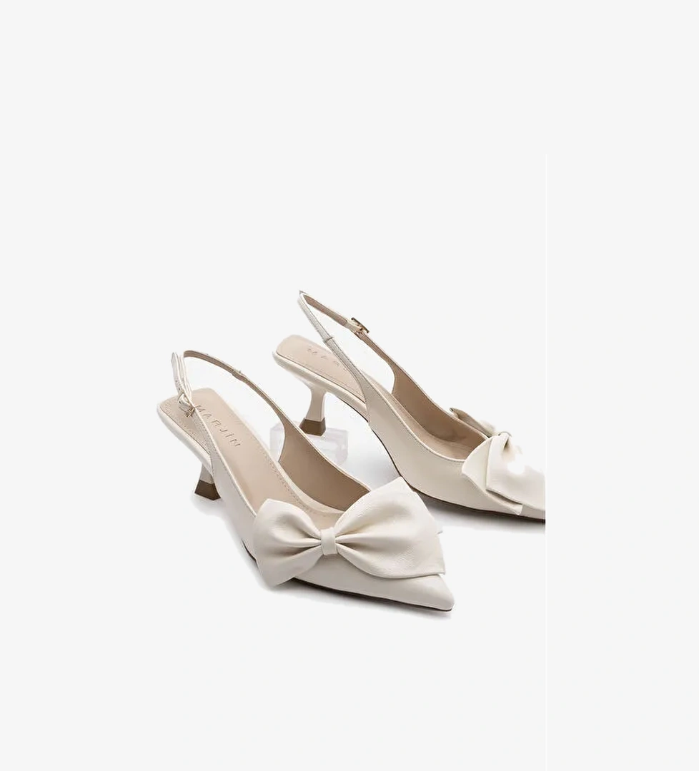 Kadın Stiletto Sivri Burun Fiyonk Detaylı Arkası Açık Topuklu Ayakkabı Fivas Ekru - Görsel 1