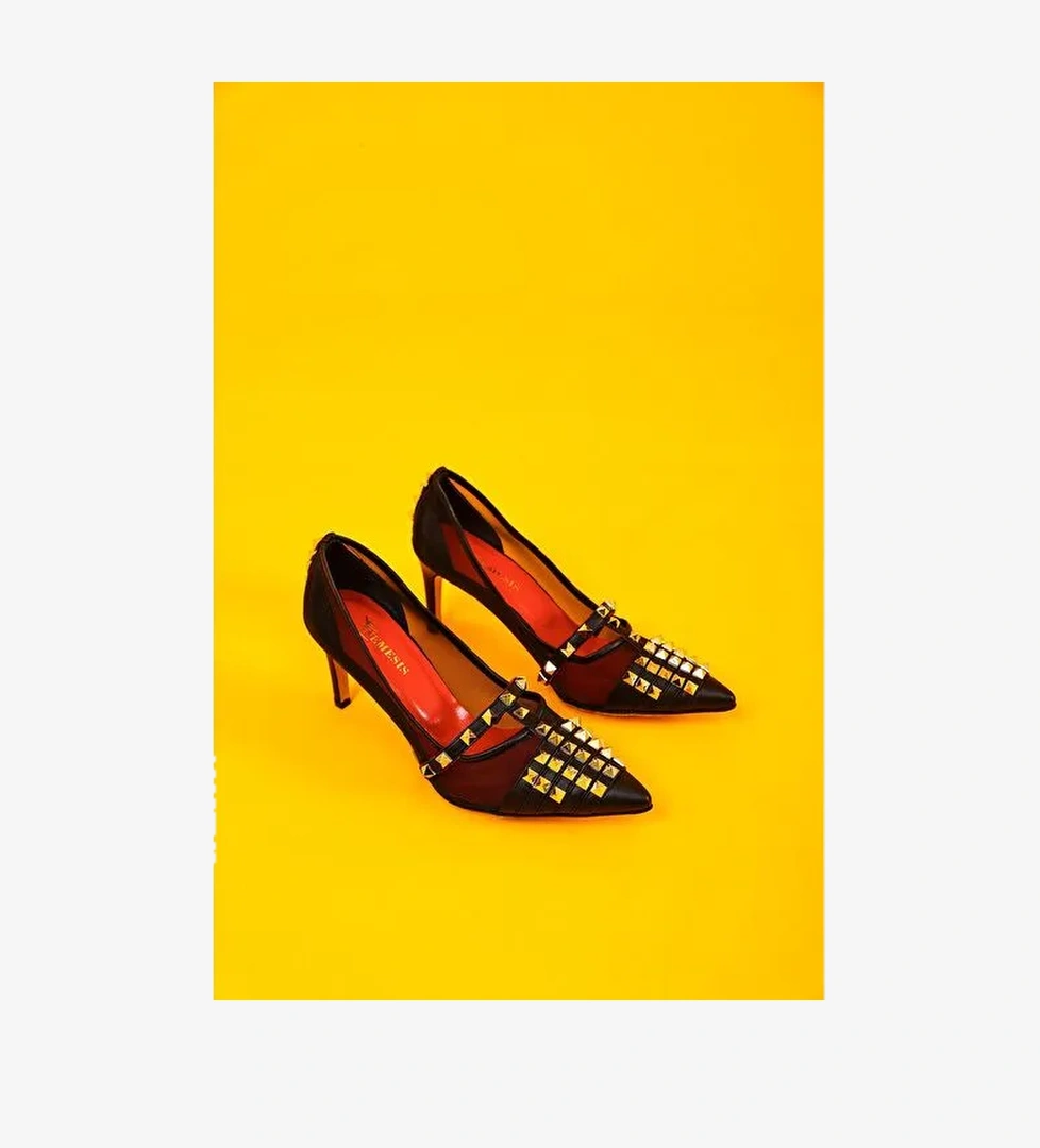 Vita Gerçek Deri Kadın Topuklu Ayakkabı Siyah Tül - Görsel 1