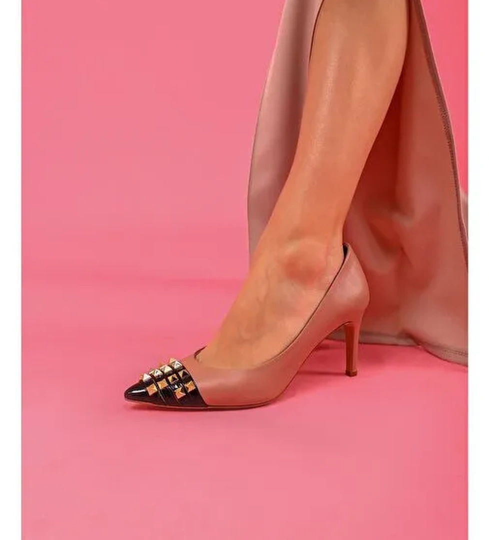 Vidya Gerçek Deri Kadın Topuklu Ayakkabı Pudra - Görsel 1