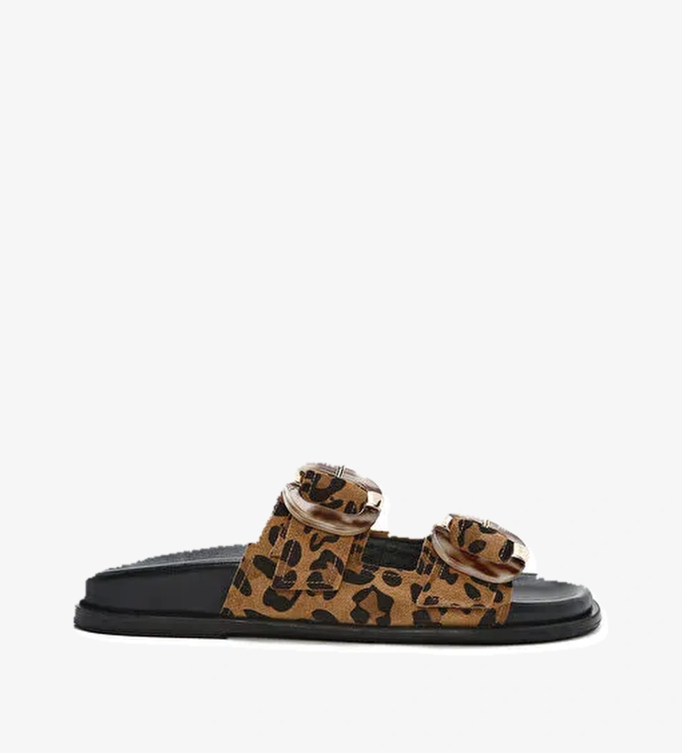 Kadın Leopar Çift Tokalı Süet Deri Terlik 25SFD200710 - Görsel 1