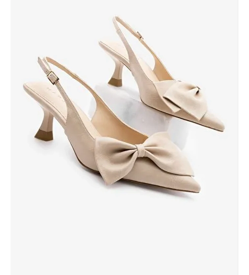 Kadın Stiletto Sivri Burun Fiyonk Detaylı Arkası Açık Topuklu Ayakkabı Fivas Bej - Görsel 1