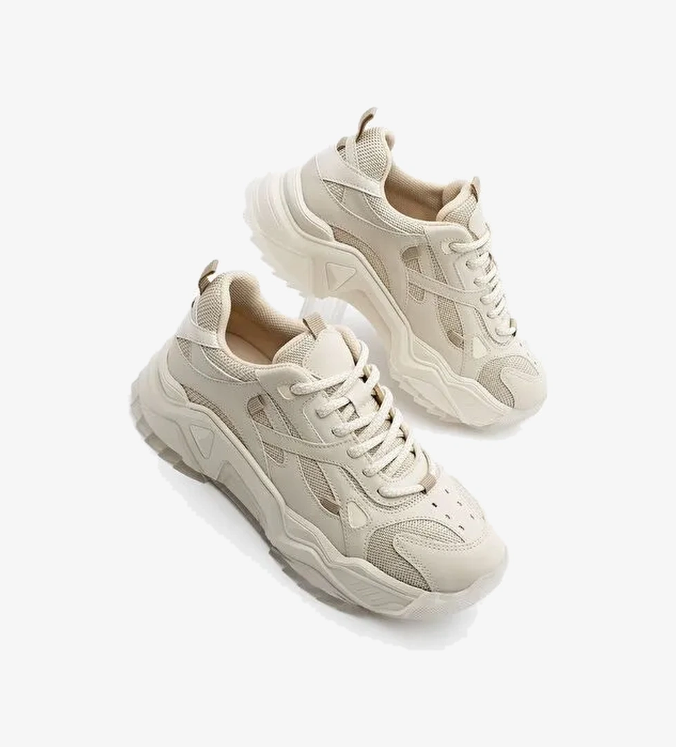 Kadın Sneaker Kalın Taban Bağcıklı Spor Ayakkabı Pizen Bej - Görsel 1