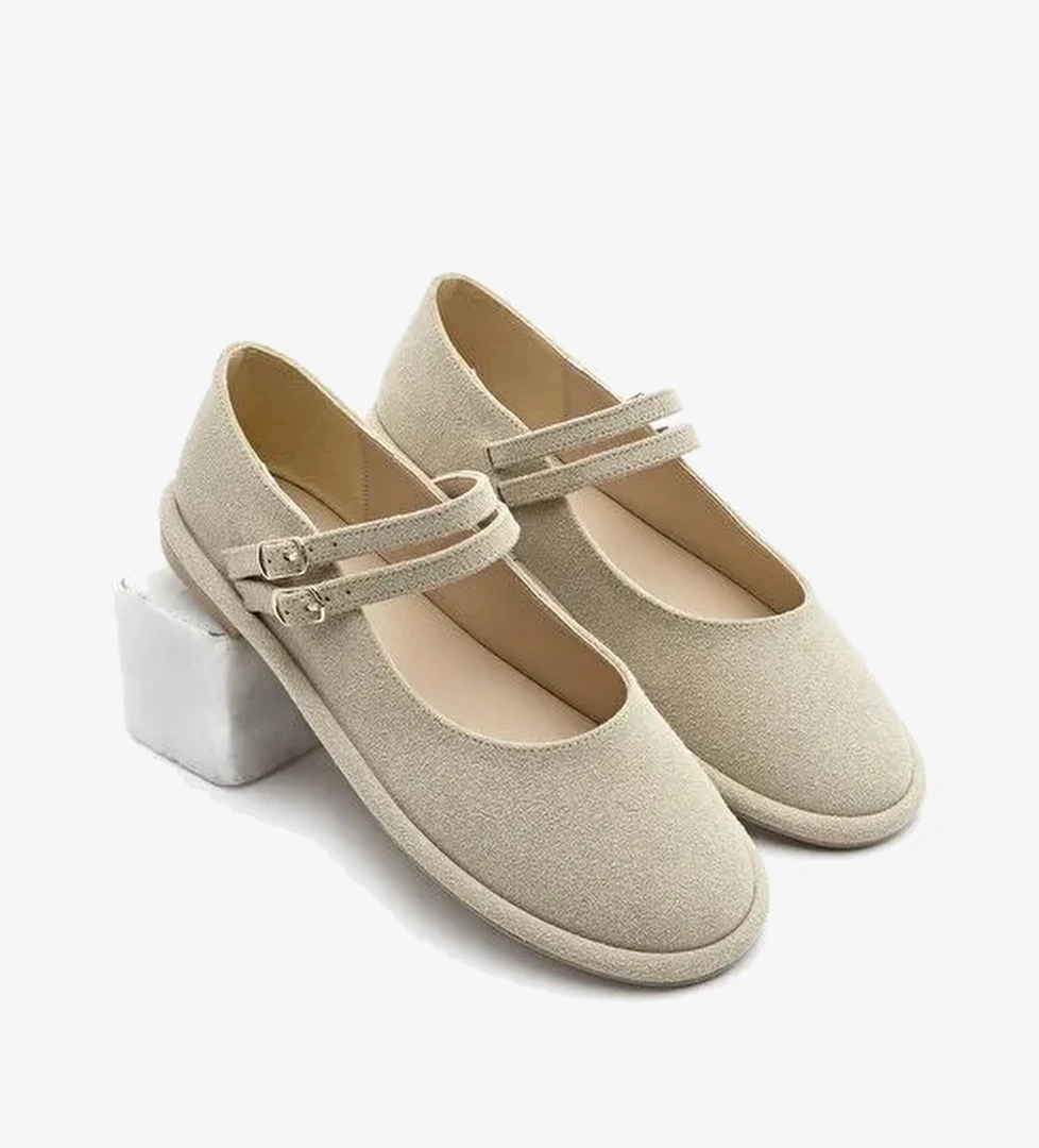 Kadın Çift Bantlı Tokalı Süet Babet Benus Bej Süet - Görsel 1