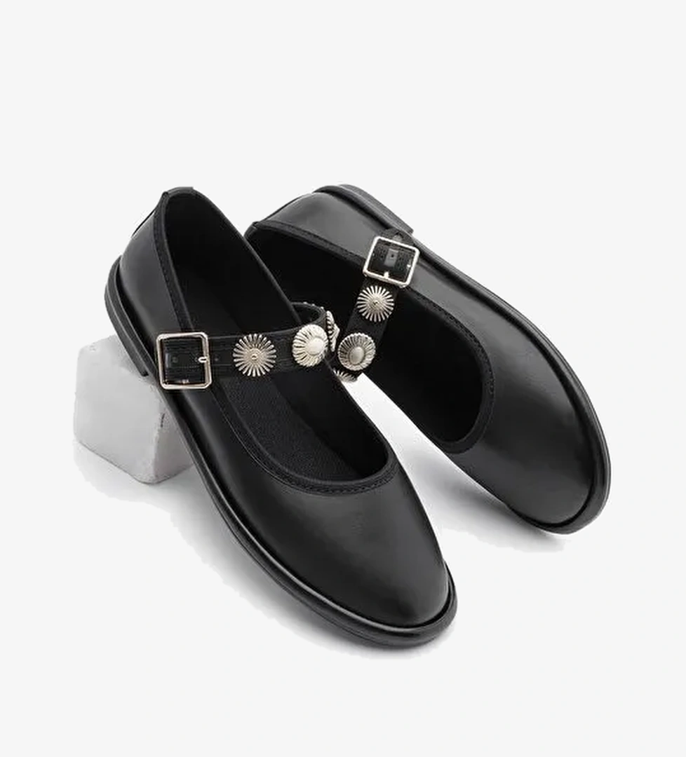 Kadın Bantlı Gold Tokalı Babet Semura Siyah - Görsel 1