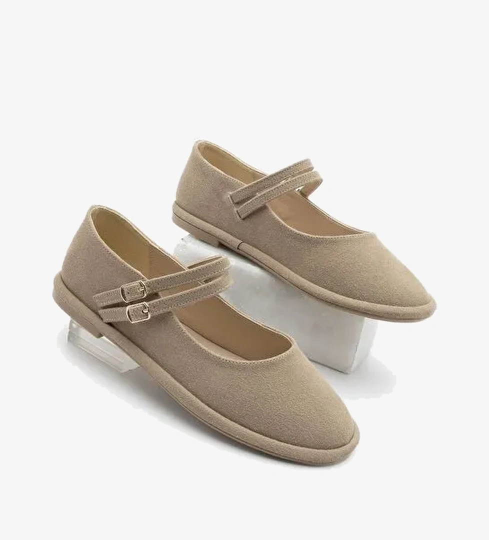 Marjin Kadın Çift Bantlı Babet Benus Camel Süet - Görsel 1