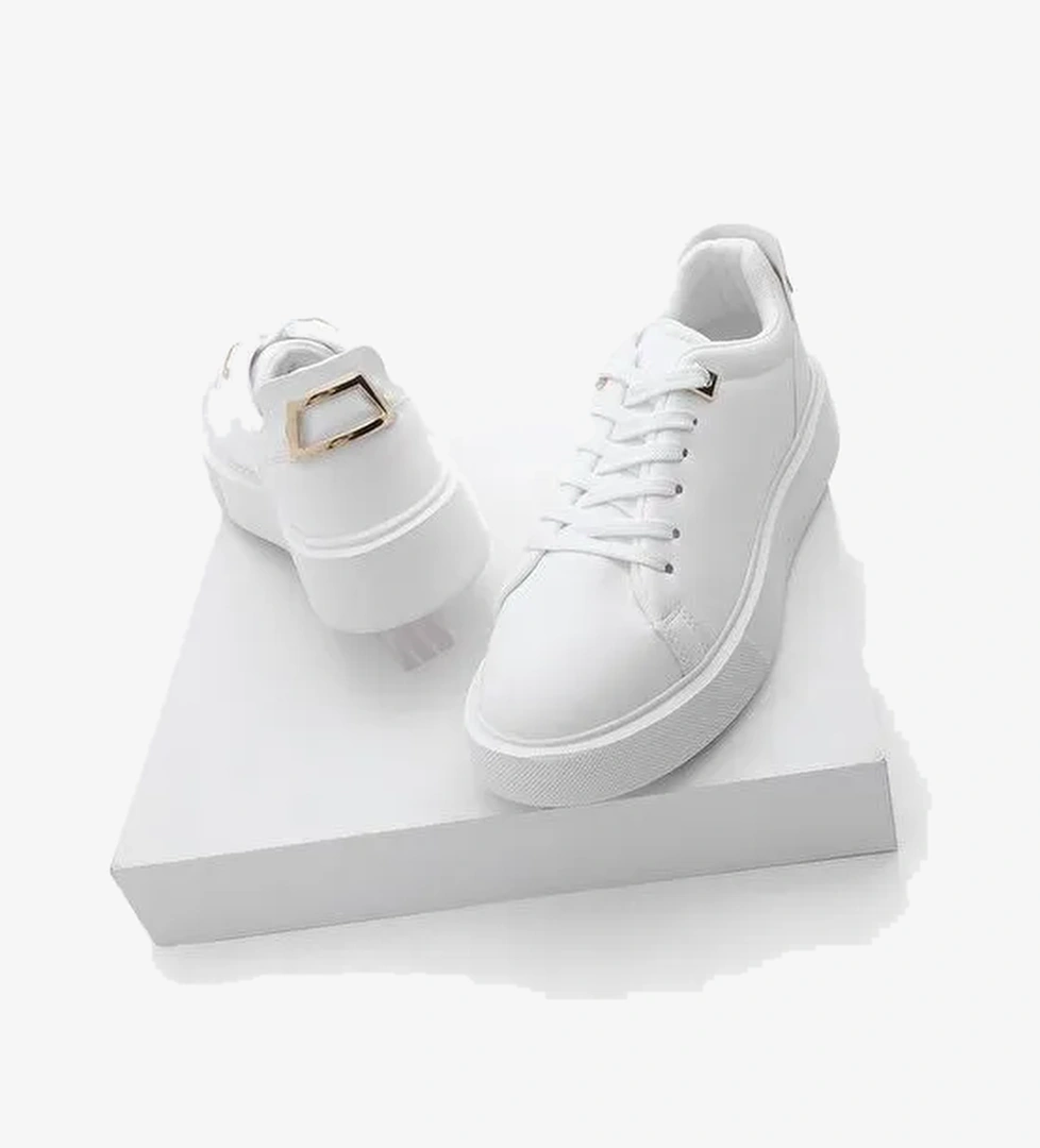 Kadın Sneaker Kalın Taban Altın Toka Detaylı Bağcıklı Spor Ayakkabı Rofke Beyaz - Görsel 1
