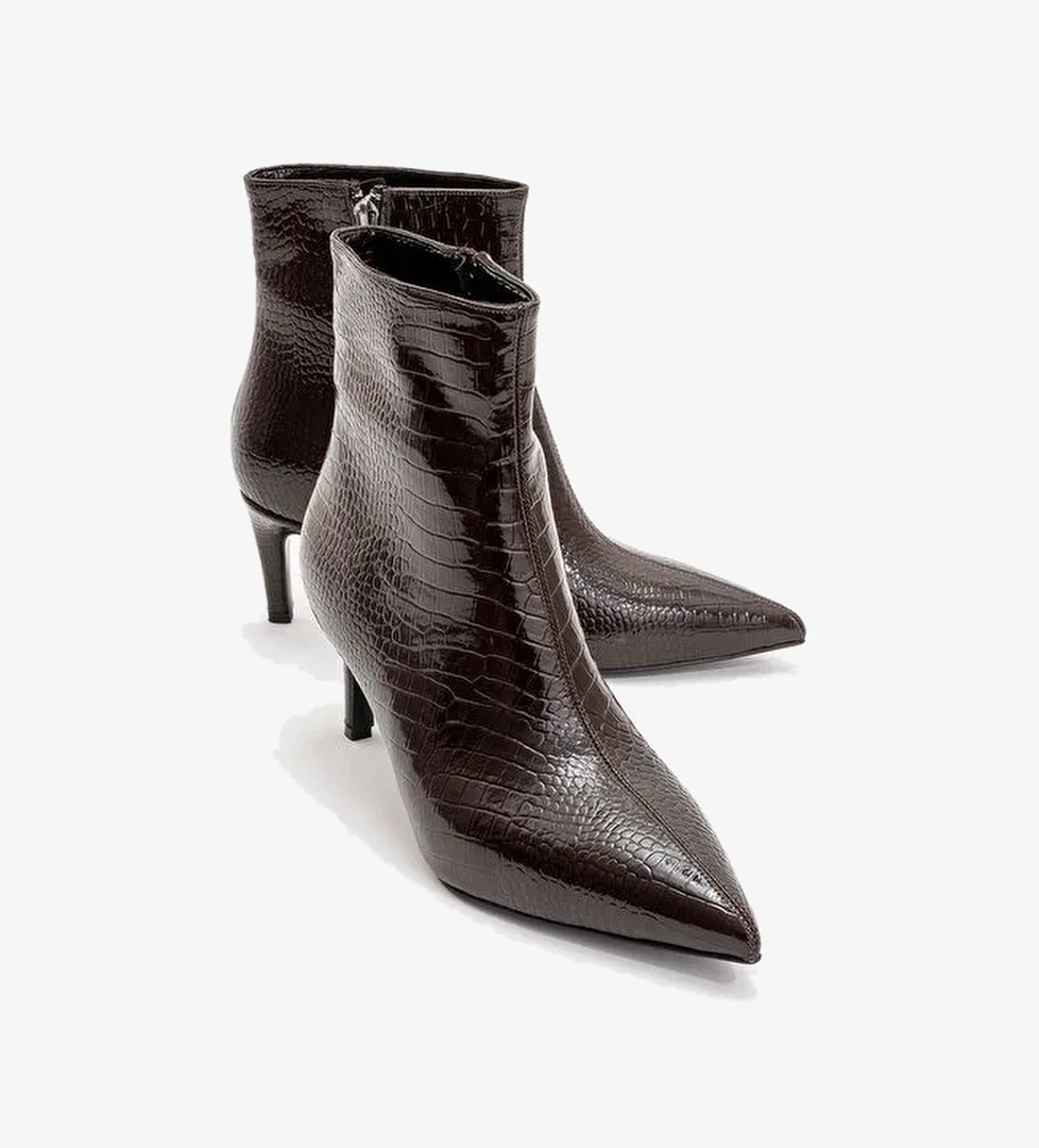 NOYA Kahverengi Baskı Sivri Burun Kadın İnce Topuklu Bot - Görsel 1