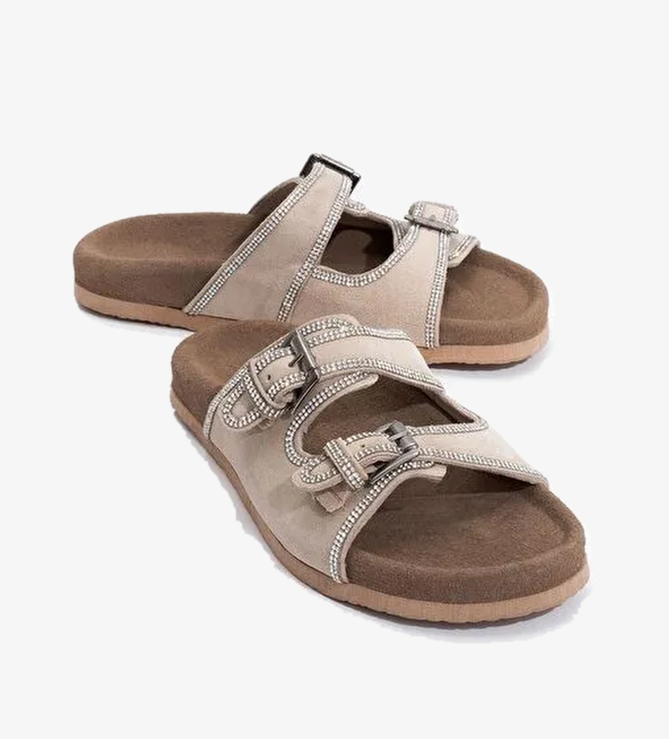 ALLEN Bej Taşlı Hakiki Deri Süet Kadın Terlik - Görsel 1