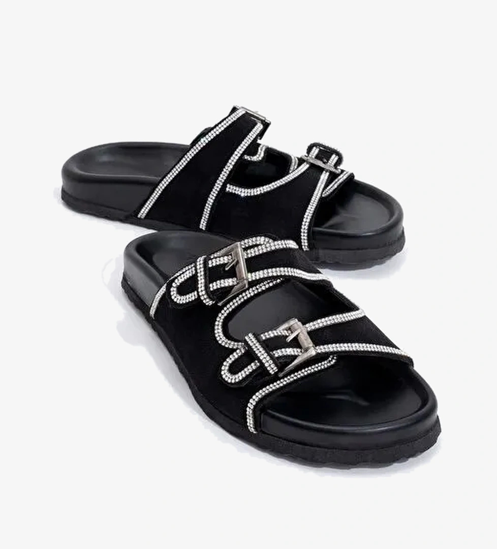 ALLEN Siyah Taşlı Hakiki Deri Süet Kadın Terlik - Görsel 1