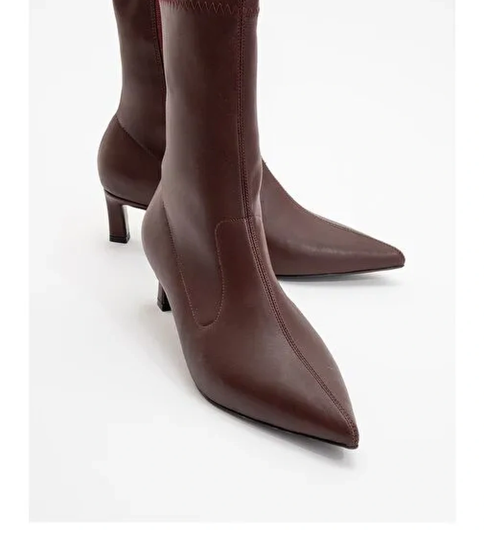 LEWİN Bordo Cilt Sivri Burun Kadın İnce Topuklu Bot - Görsel 1