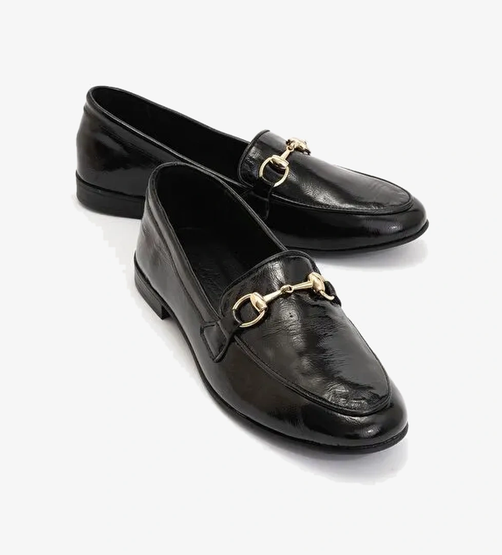 TREXIE Siyah Rugan Hakiki Deri Tokalı Kadın Loafer Ayakkabı