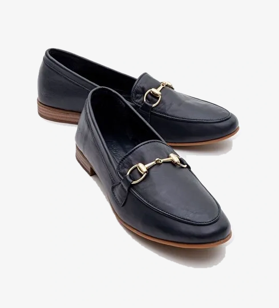 TREXIE Lacivert Cilt Hakiki Deri Tokalı Kadın Loafer Ayakkabı - Görsel 1