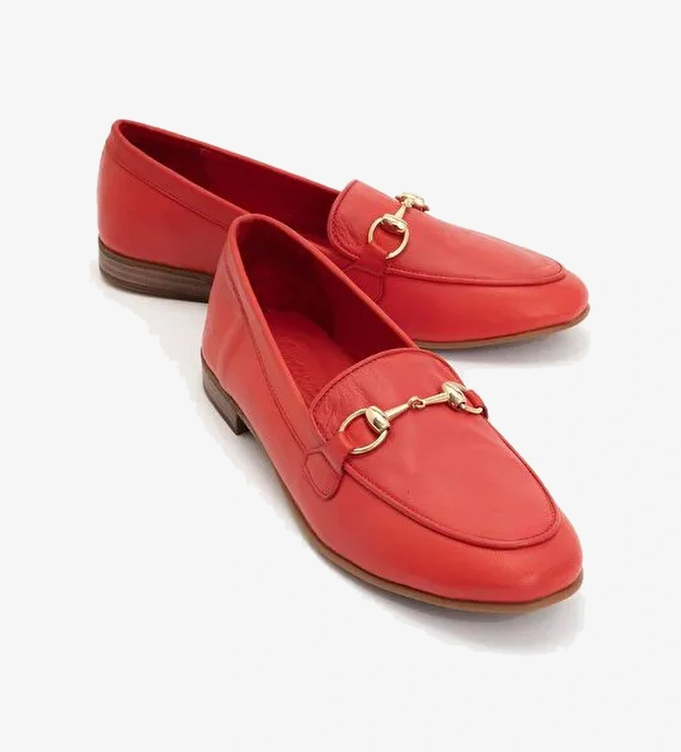 TREXIE Kırmızı Cilt Hakiki Deri Tokalı Kadın Loafer Ayakkabı - Görsel 1