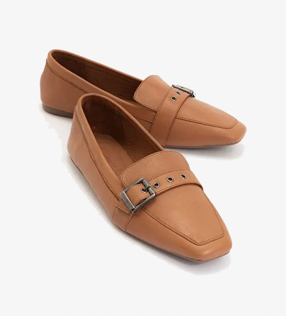 PERIWINKLE Taba Cilt Hakiki Deri Kemerli Kadın Loafer Ayakkabı - Görsel 1