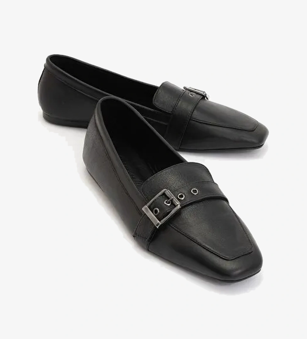 PERIWINKLE Siyah Cilt Hakiki Deri Kemerli Kadın Loafer Ayakkabı - Görsel 1