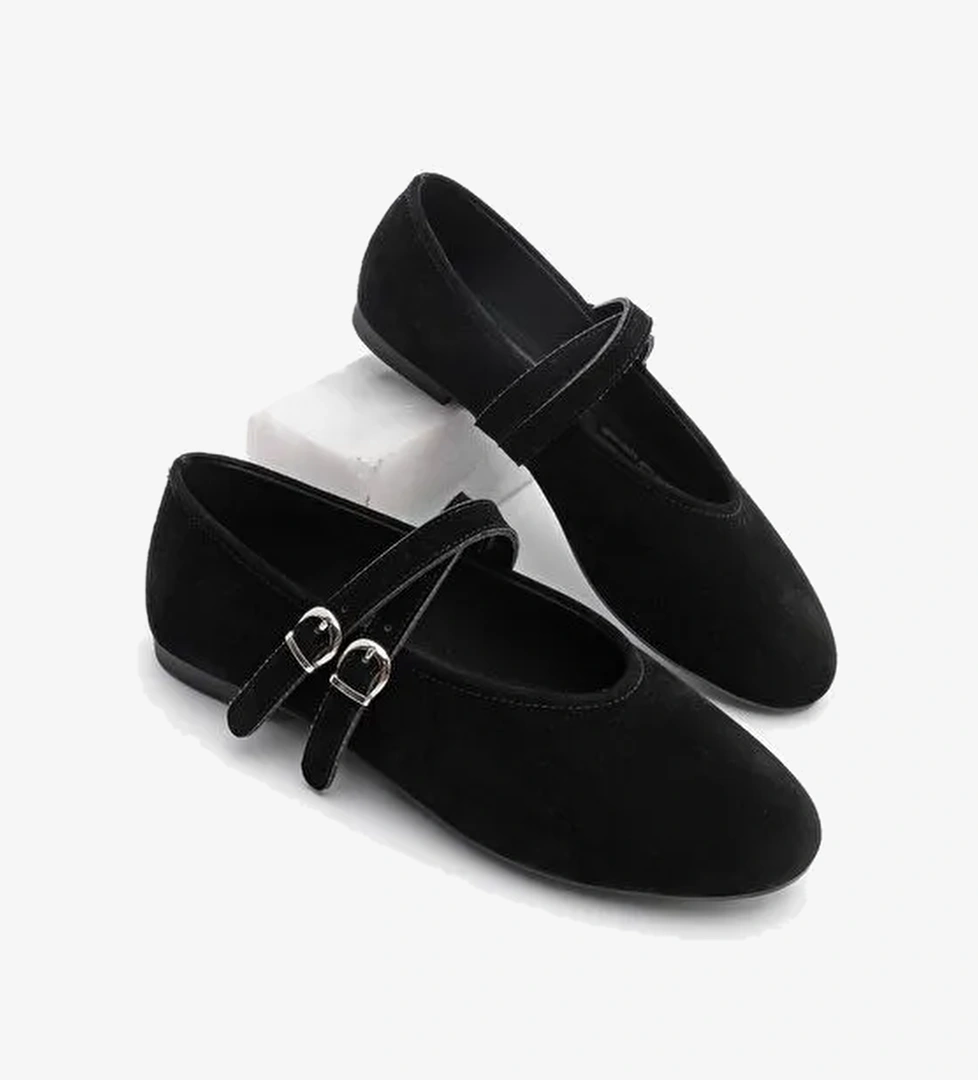 Kadın Çapraz Bantlı Babet Niroza Siyah Süet - Görsel 1