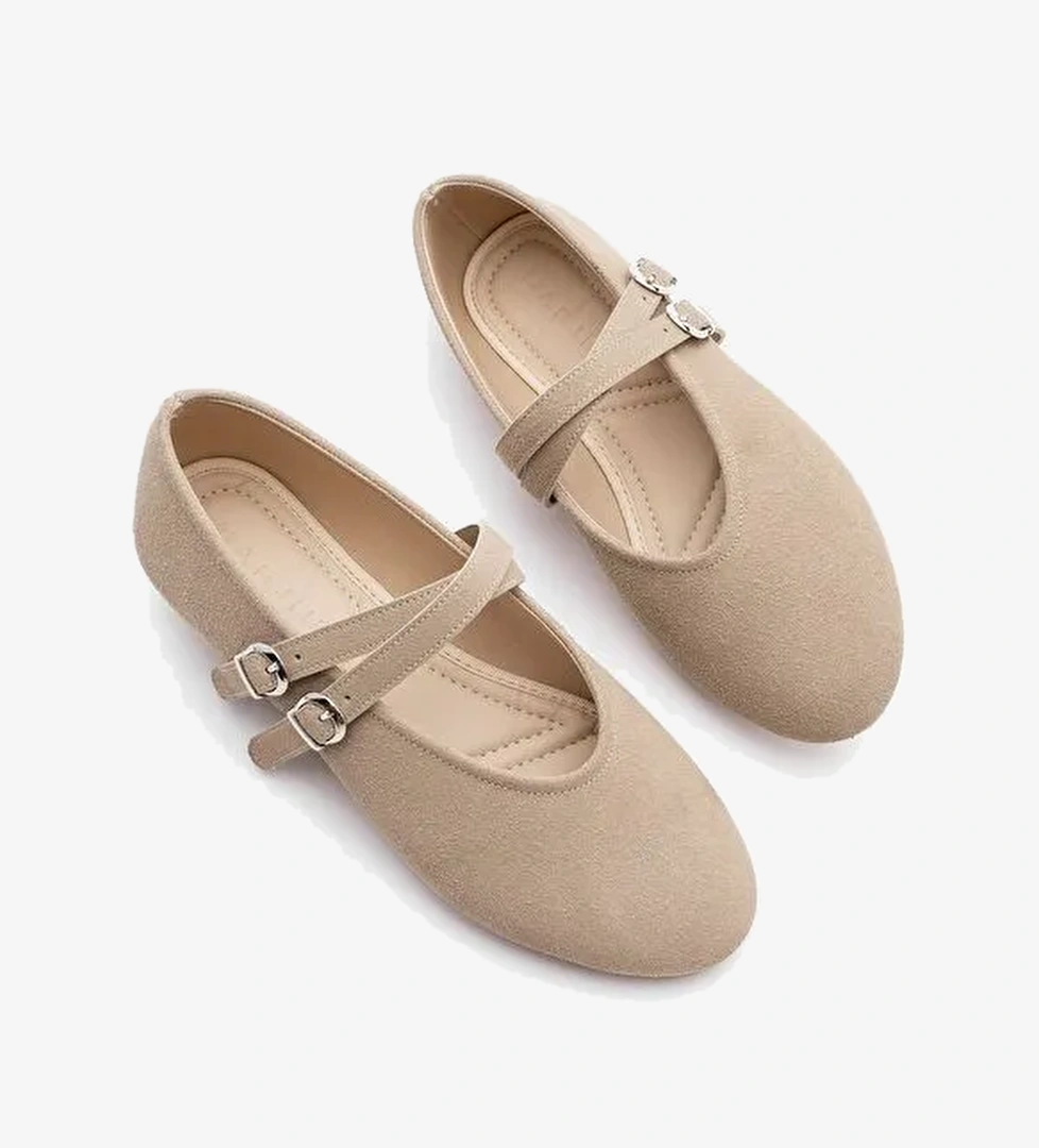 Kadın Çapraz Bantlı Babet Niroza Bej Süet - Görsel 1