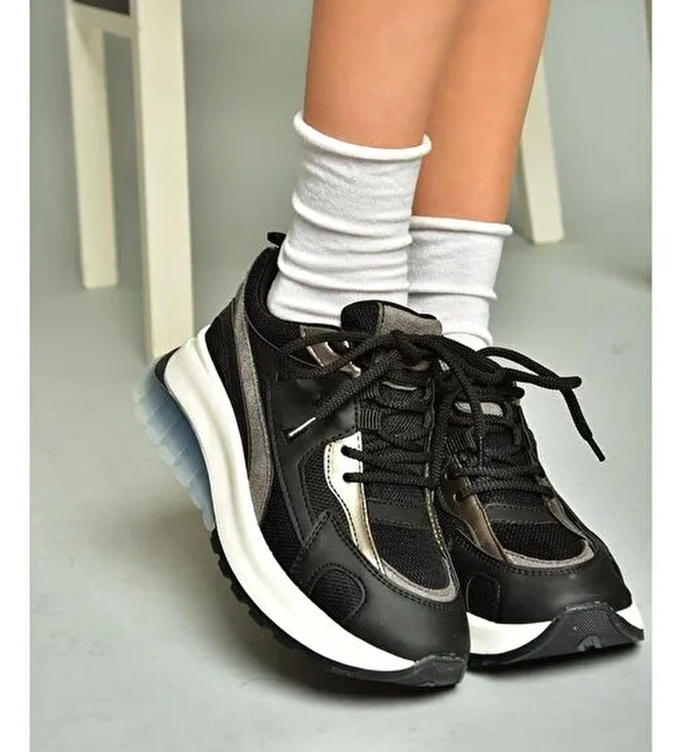 U973213809 Siyah Kalın Tabanlı Spor Ayakkabı Sneakers - Görsel 1