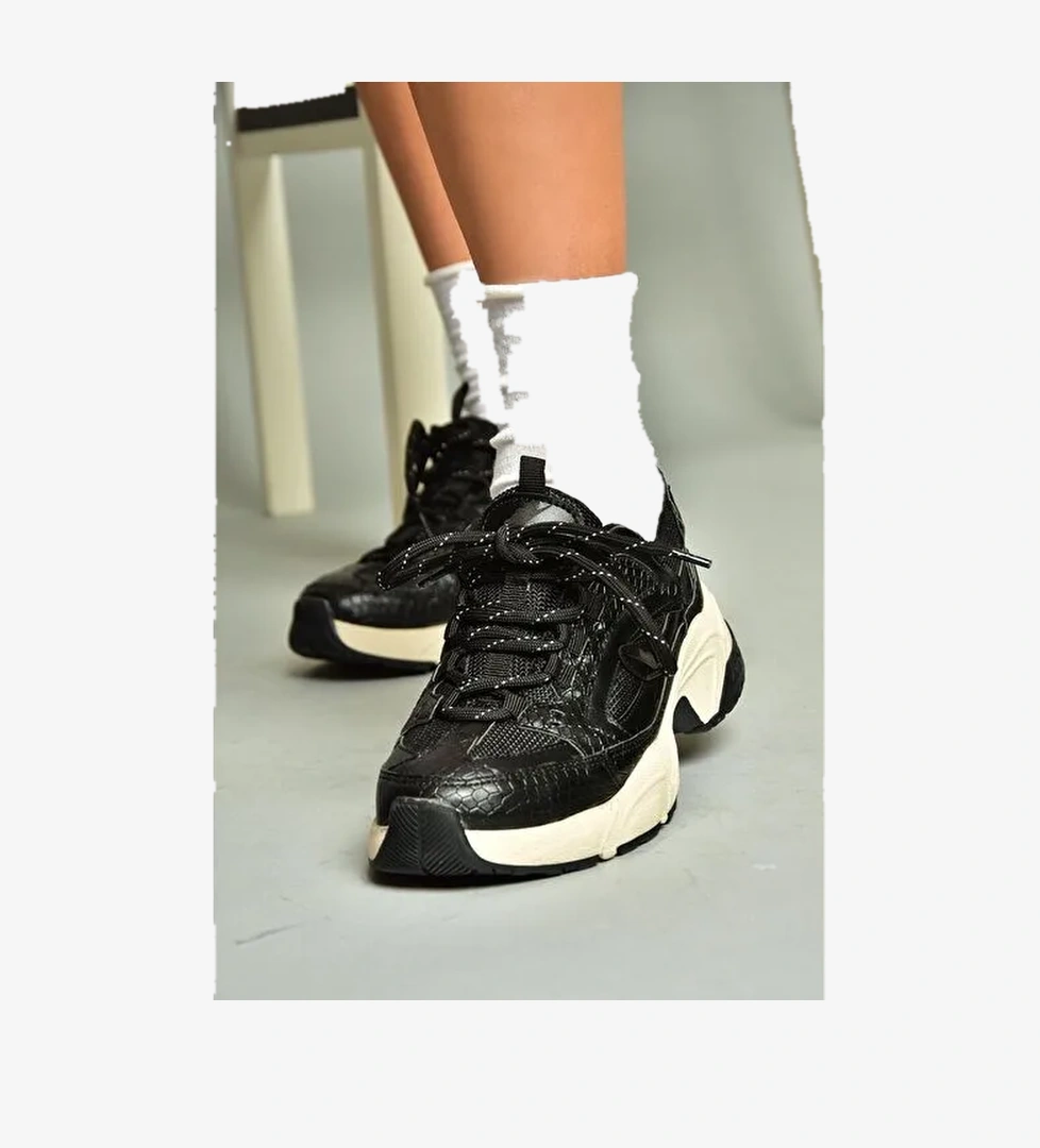 U312414209 Siyah Kalın Tabanlı Spor Ayakkabı Sneakers - Görsel 1