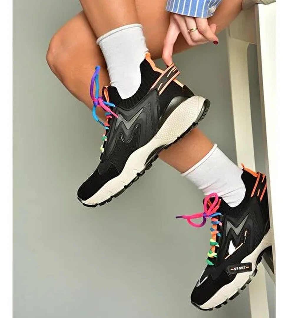 U602602502 Siyah Süet Kadın Spor Ayakkabı Sneakers - Görsel 1