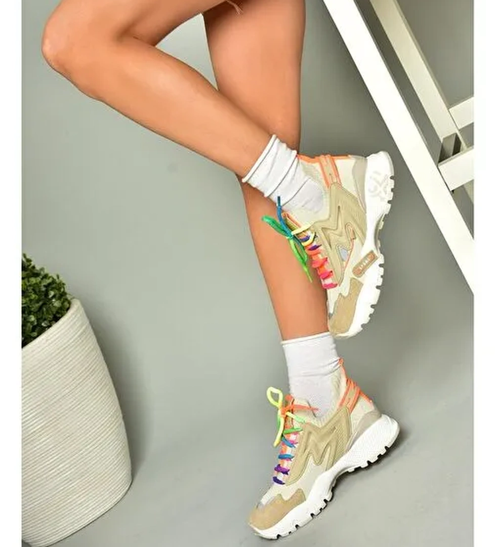 U602602502 Bej Süet Kadın Spor Ayakkabı Sneakers - Görsel 1
