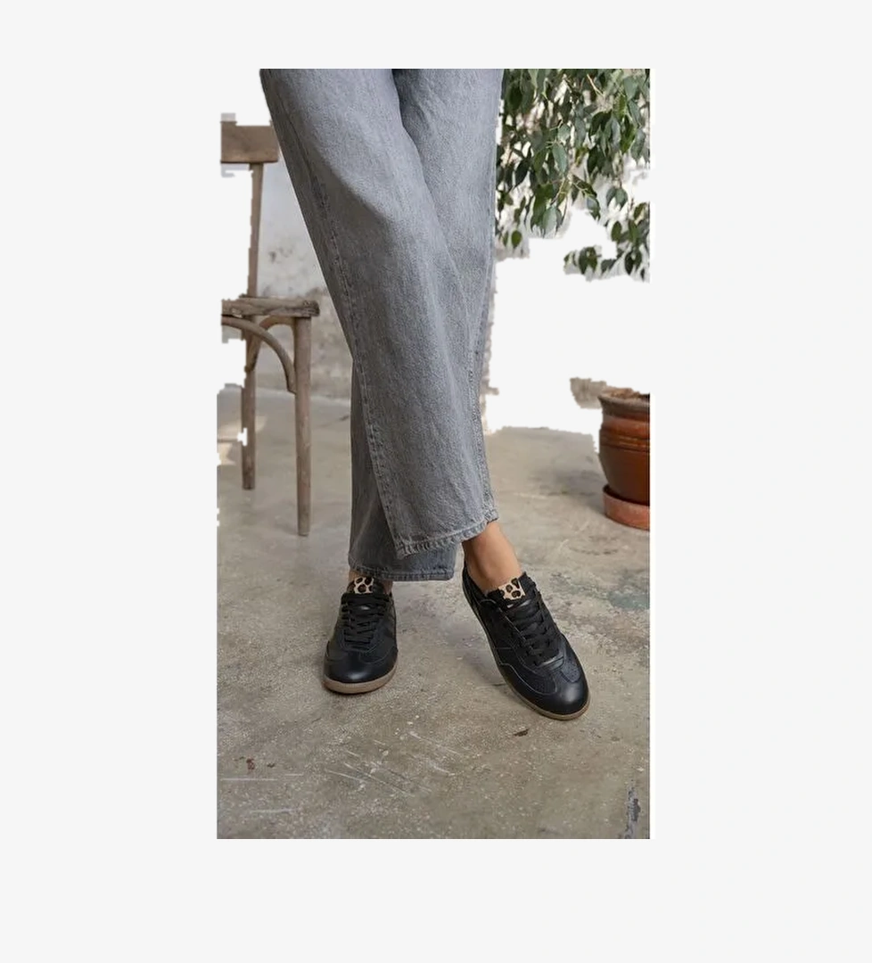 Solomon Siyah-Leopar Hakiki Deri Kadın Spor Ayakkabı - Görsel 1