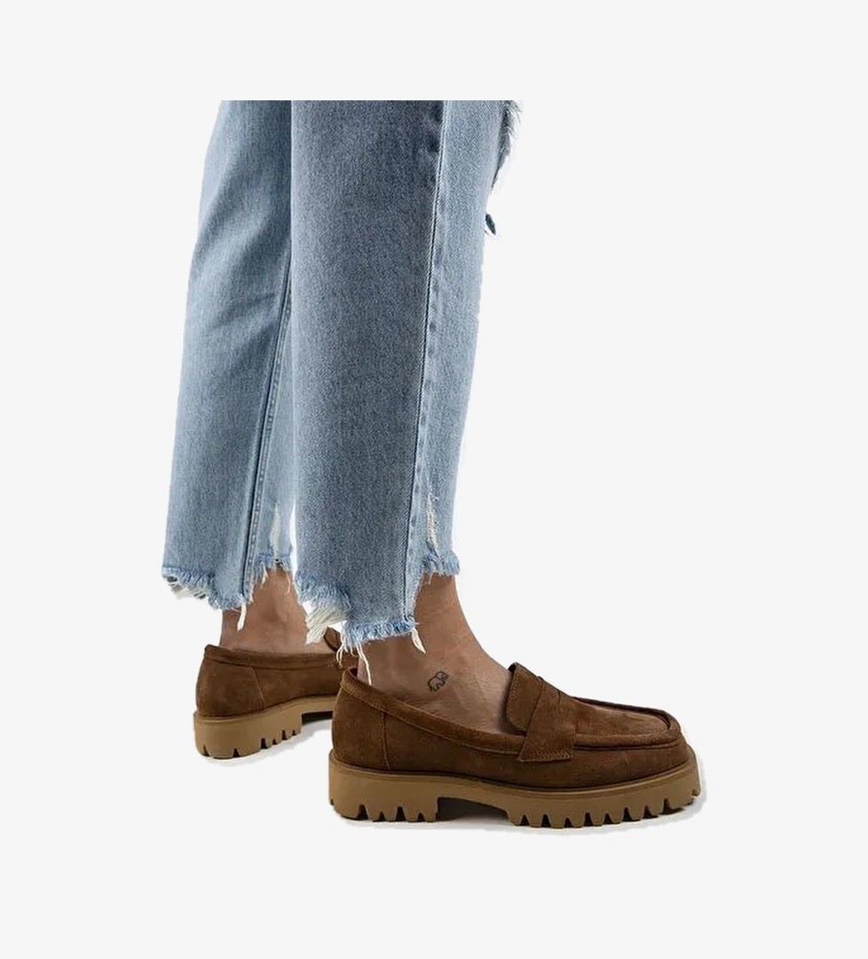 Manijero Cepmen Kadın Hakiki Deri Köşeli Loafer Taba Süet Ayakkabı - Görsel 1