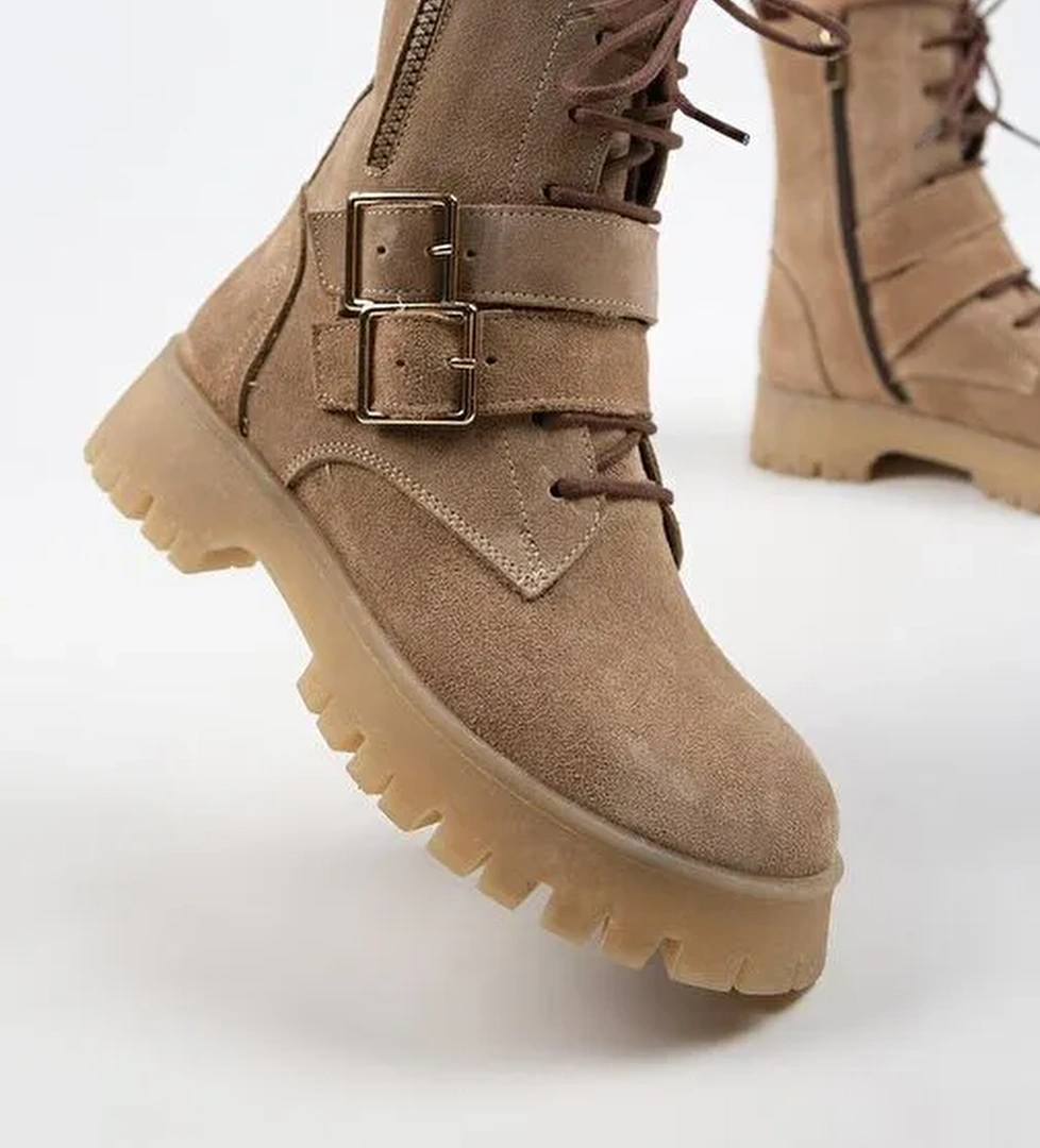 Manijero Hannah Kadın Hakiki Deri Bağcıklı Fermuarlı Tokalı Kum Süet Bot - Görsel 1