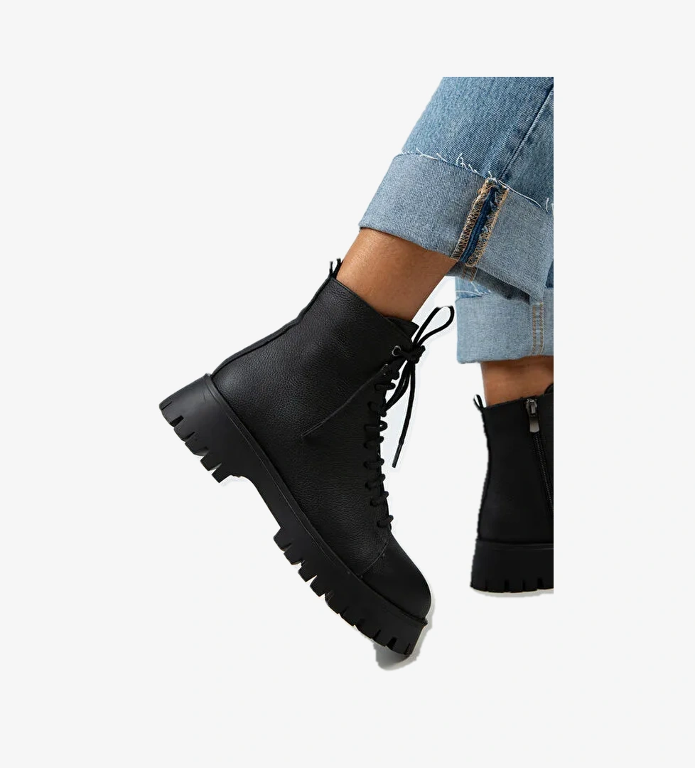 Manijero Aster Kadın Hakiki Deri Bağcıklı Fermuarlı Siyah Bot - Görsel 1