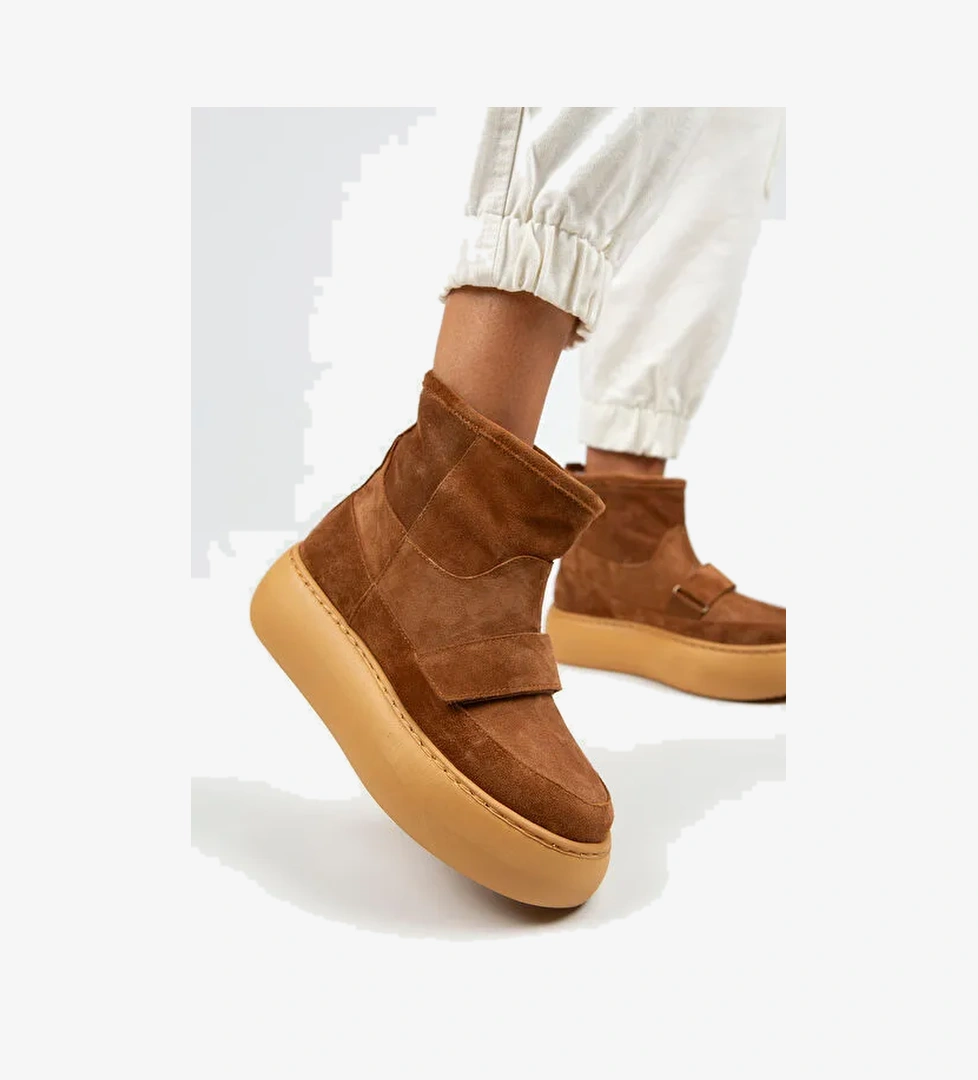 Manijero Ember Kadın Hakiki Deri Üstten Çırtlı İçi Kürklü Taba Bot - Görsel 1