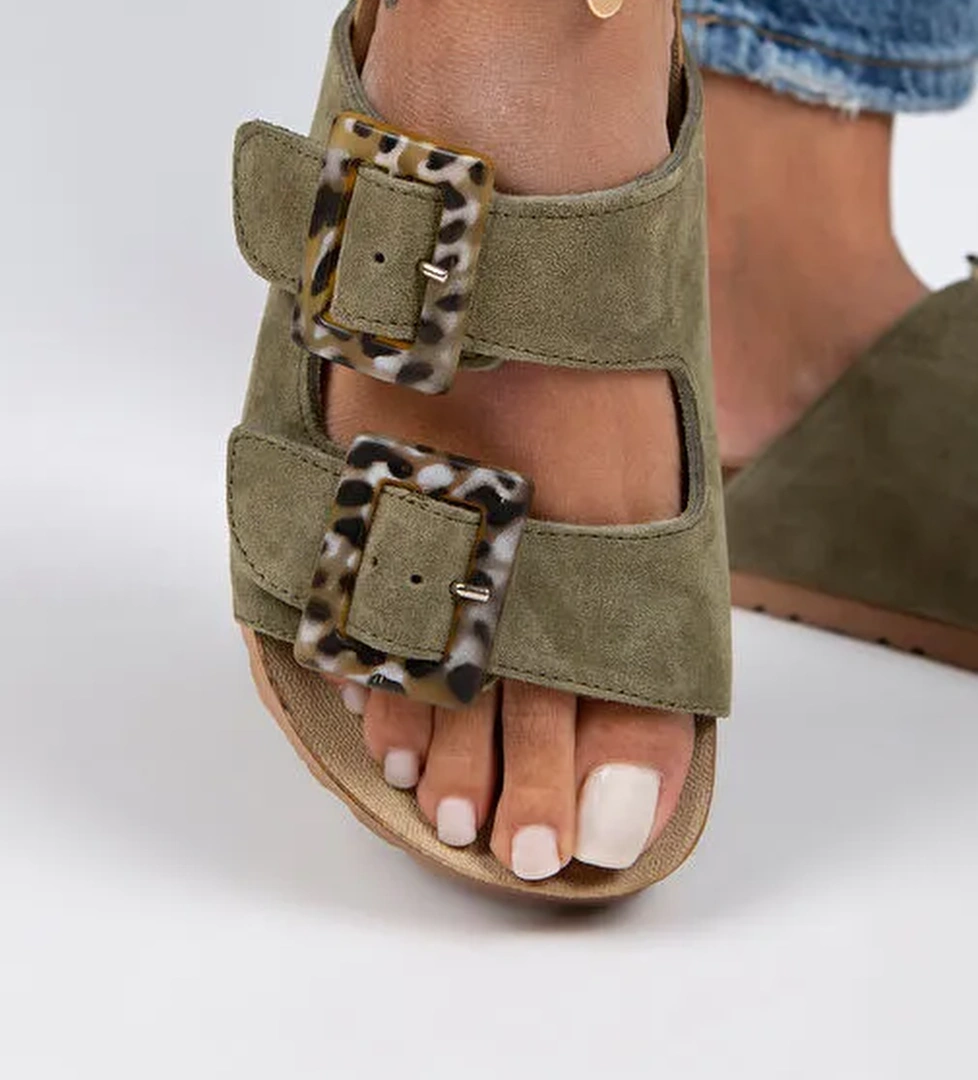 Manijero Alona Kadın Hakiki Deri Çift Tokalı Su Yeşili Terlik - Görsel 1