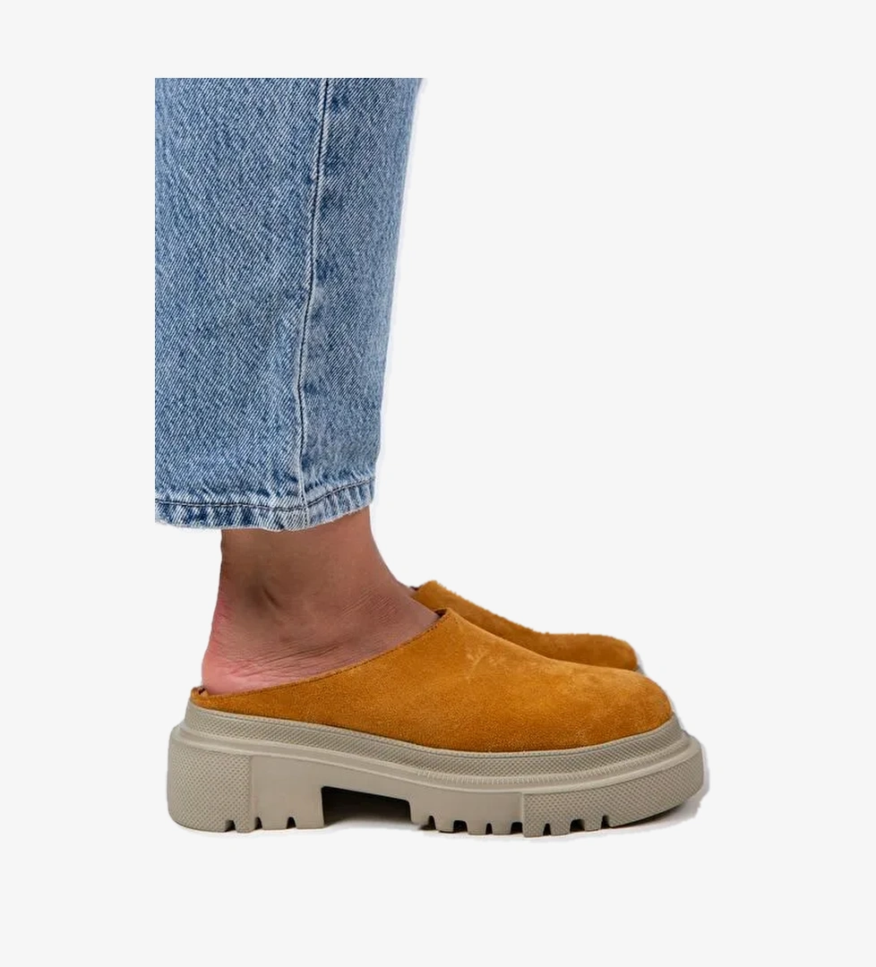 Manijero Edna Kadın Hakiki Deri Bağcıksız Hardal - Süet Terlik - Görsel 1