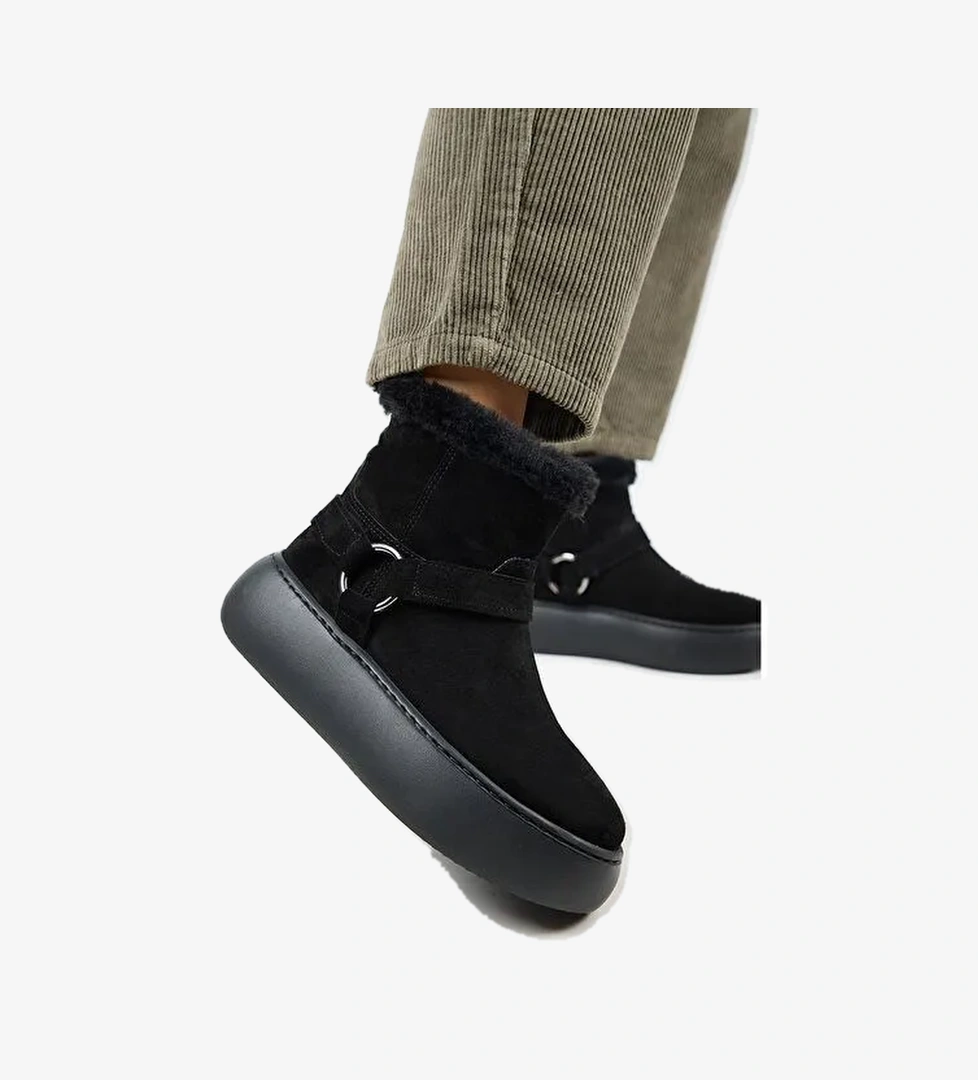 Manijero Caterina Kadın Hakiki Deri İçi Kürklü Kuşaklı Siyah Bot - Görsel 1