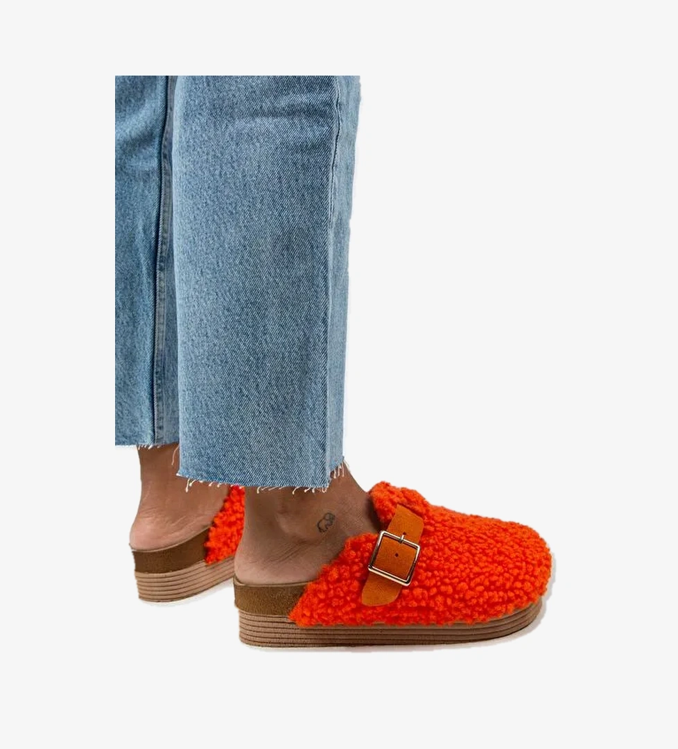 Manijero Juno Kadın Tekstil Kürklü Hakiki Deri Kemerli Tokalı Turuncu Terlik - Görsel 1