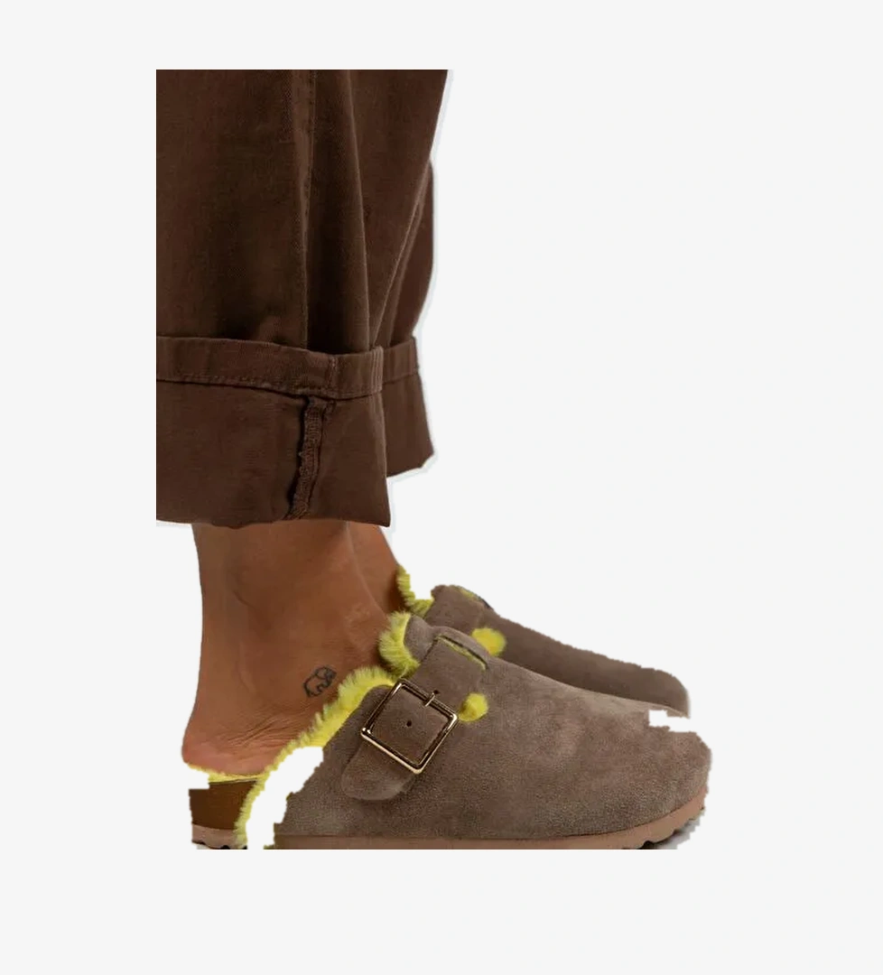 Manijero Zeta Kürklü Kadın Hakiki Deri Kemerli Tokalı Renkli Kürklü Vizon Sarı Terlik - Görsel 1