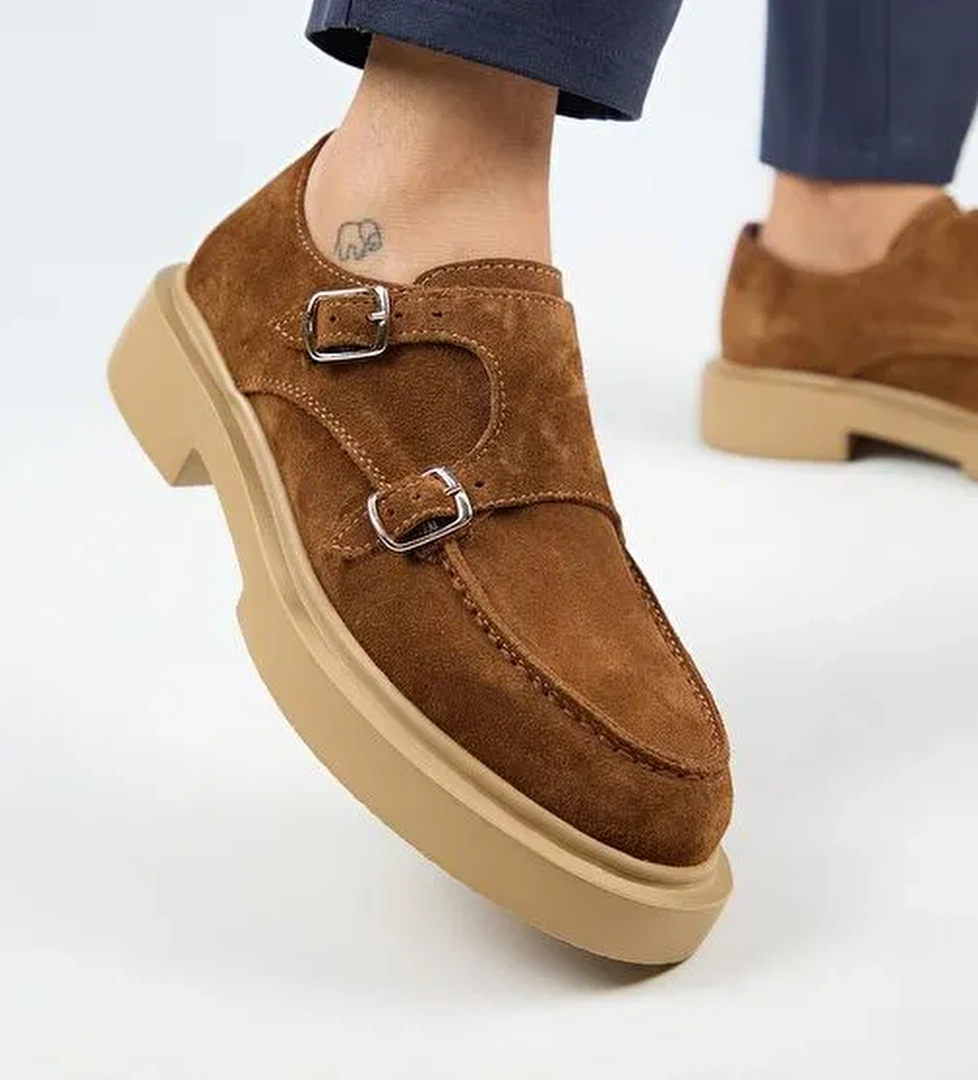 Manijero (Bonni) Kadın Deri Hakiki Deri Çift Tokalı Taba Ayakkabı - Görsel 1