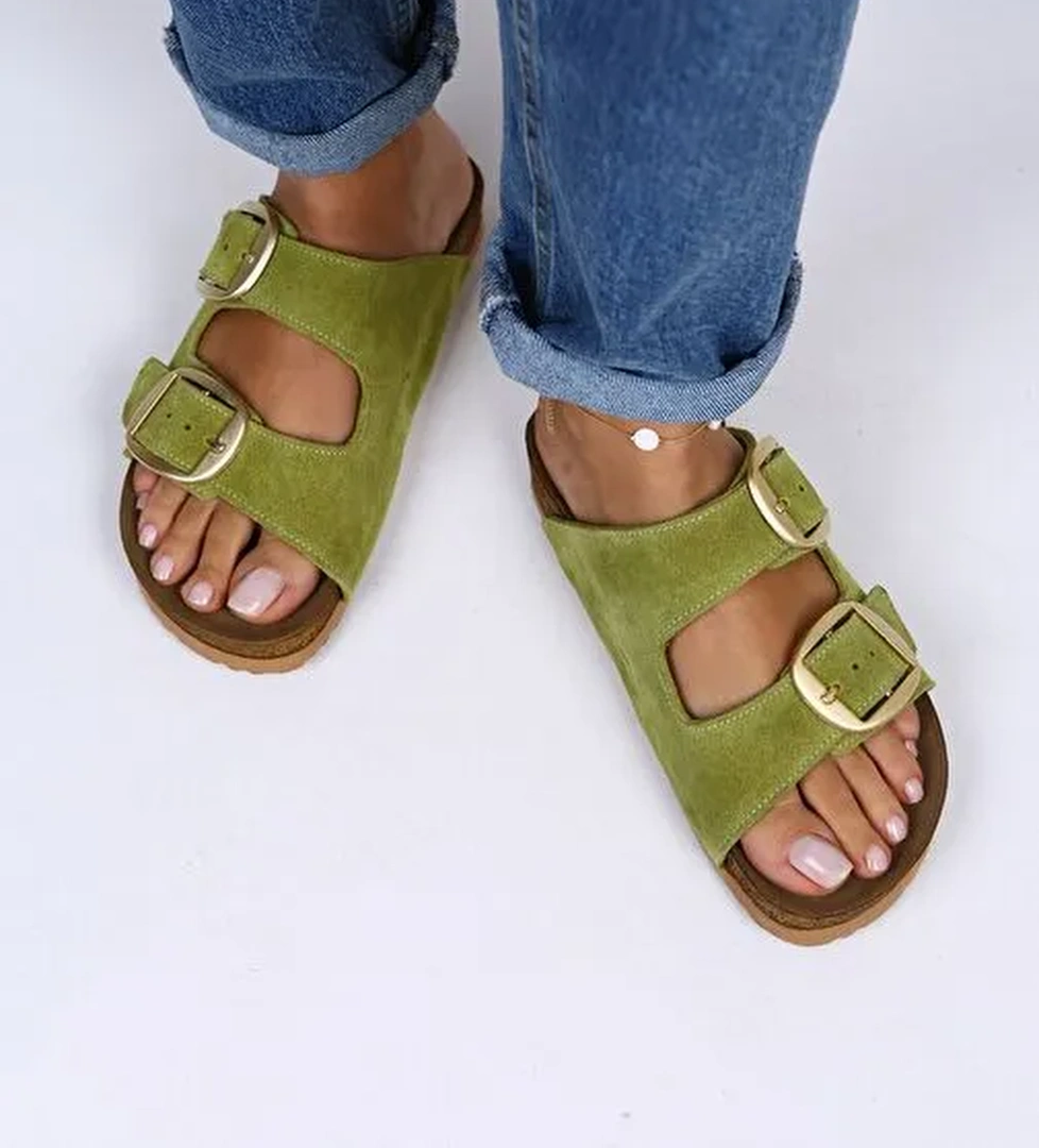 Manijero Irene Hakiki Deri Çift Tokalı Fıstık Yeşil Terlik - Görsel 1