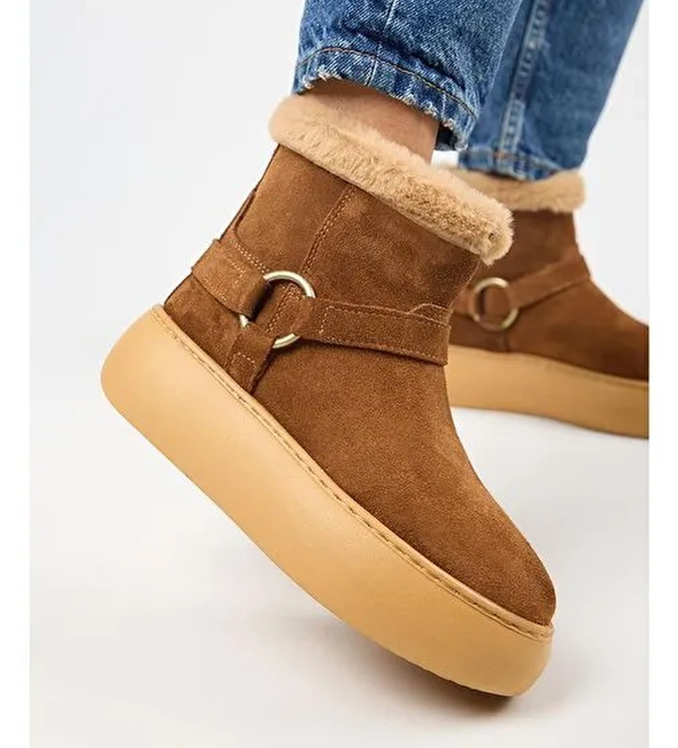 Manijero Caterina Kadın Hakiki Deri İçi Kürklü Kuşaklı Taba Bot - Görsel 1