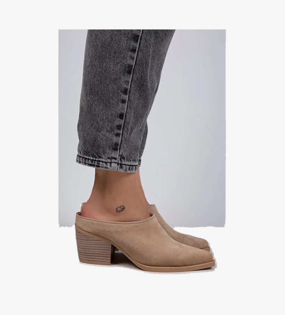 Manijero Stella Kadın Hakiki Deri Western Bej - Süet Terlik - Görsel 1