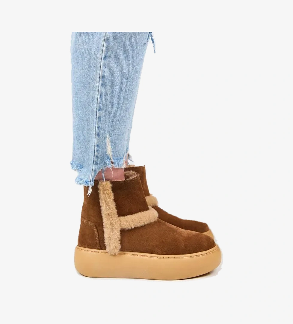 Manijero (Azura) Kadın Hakiki Deri İçi Kürklü Ve Kürk Şeritli Taba Bot - Görsel 1