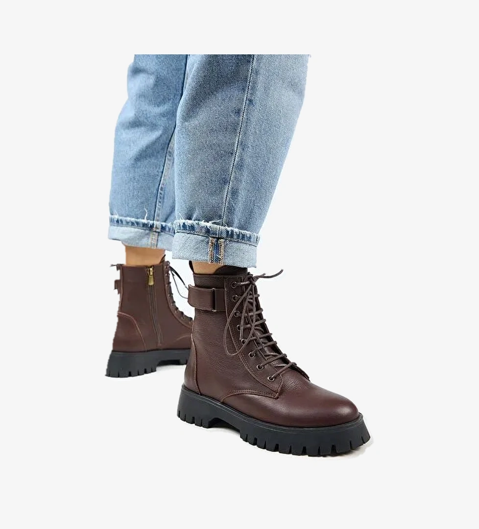 Manijero Adel Kadın Hakiki Deri Bağcıklı İçten Fermuarlı Koyu Kahve Bot - Görsel 1