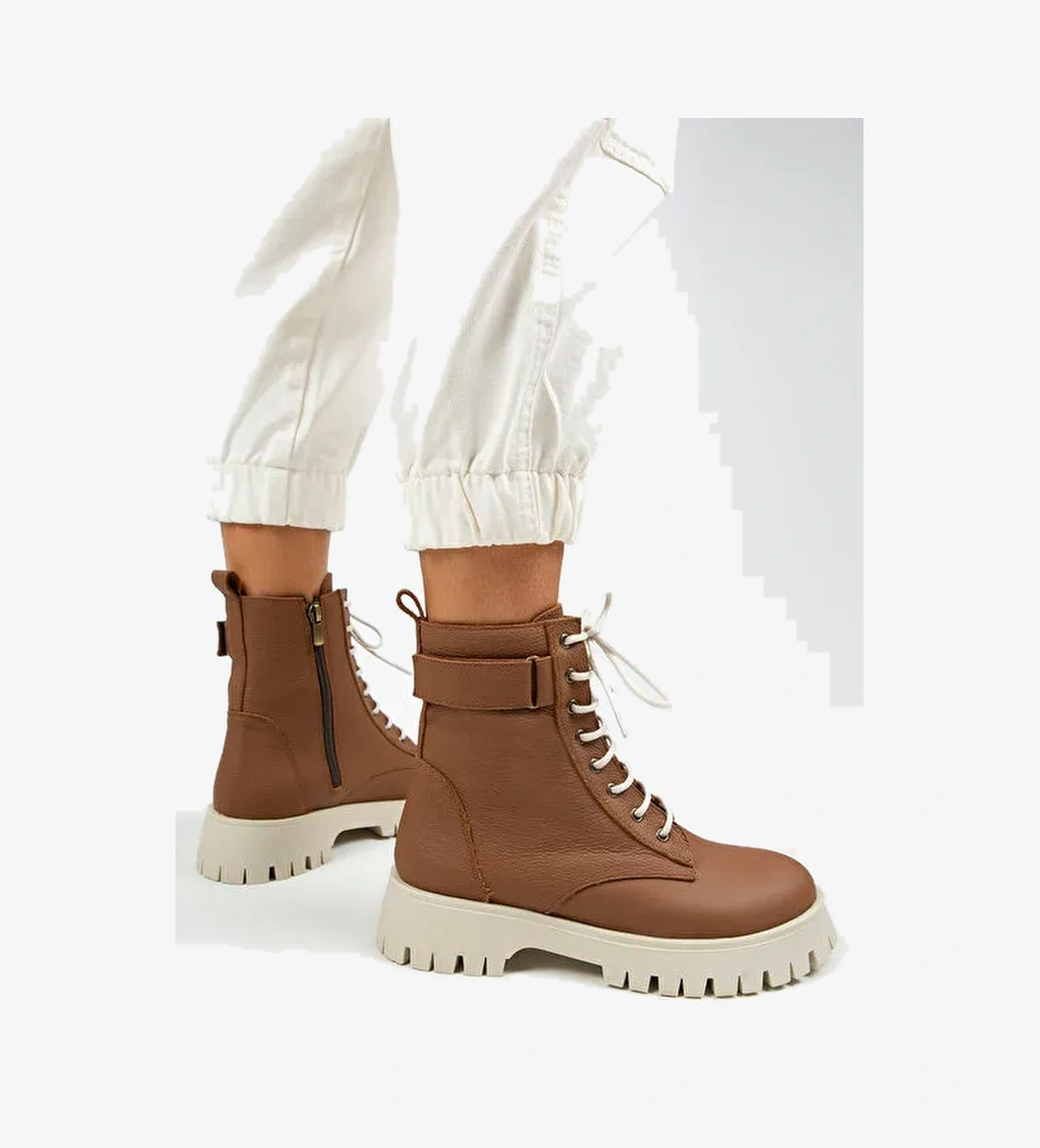 Manijero Adel Kadın Hakiki Deri Bağcıklı İçten Fermuarlı Taba-Bej Bot - Görsel 1