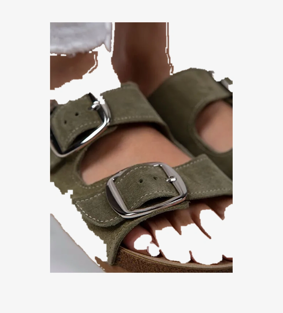 Manijero Irene Kadın Hakiki Deri Çift Tokalı Su Yeşili - Gümüş Terlik - Görsel 1