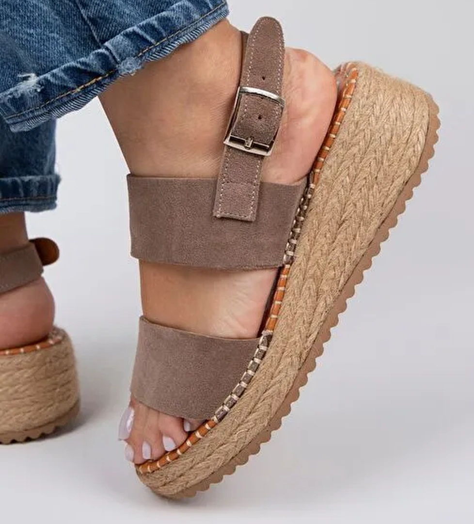 Manijero Liliana Hakiki Deri Kadın Vizon Espadril Sandalet - Görsel 1