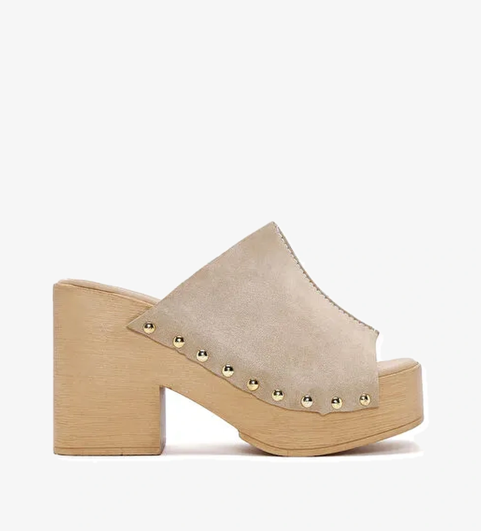 Kadın Bej Yüksek Kalın Topuklu Süet Deri Terlik 25SFD150410 - Görsel 1