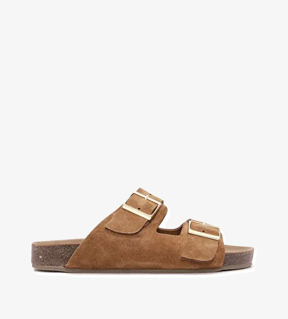 Kadın Taba Çift Tokalı Süet Deri Terlik 25SFD150210 - Görsel 1