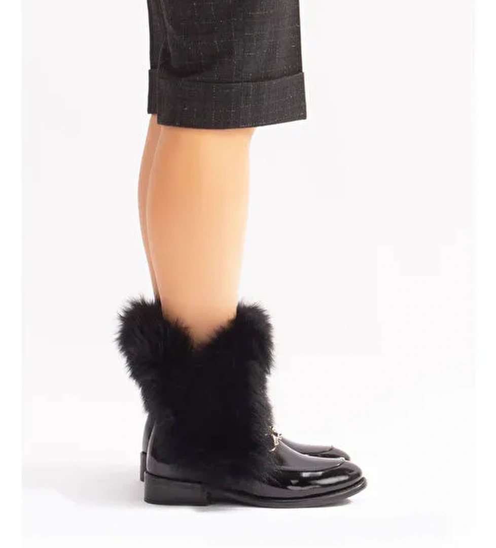 Reina Gerçek Deri Kadın Bot Siyah Rugan Deri Kürklü - Görsel 1