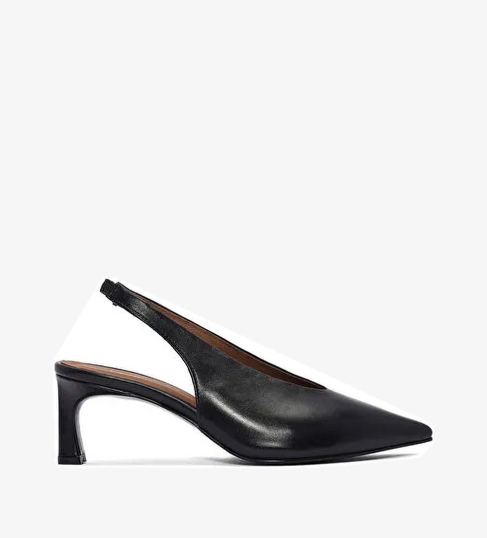 Kadın Siyah Arkası Açık Lastikli İnce Kısa Topuklu Deri Ayakkabı 25SFD132218 - Görsel 1