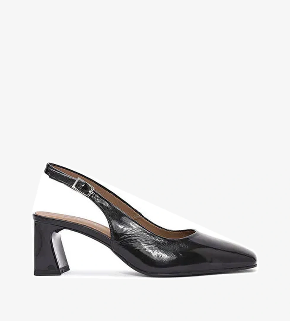 Kadın Siyah Bilekten Tokalı Arkası Açık Topuklu Rugan Deri Ayakkabı 25SFD131916 - Görsel 1