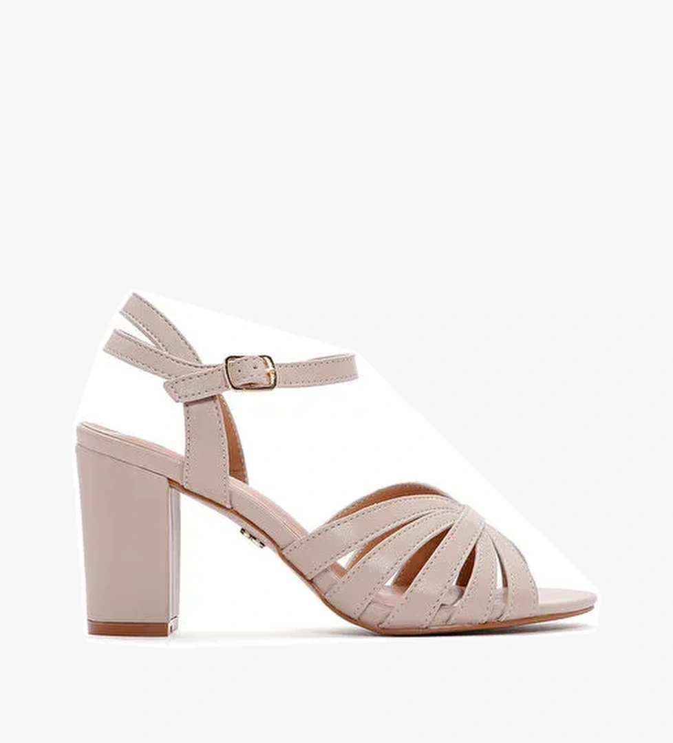 Kadın Bej Bilekten Bantlı Kalın Topuklu Sandalet 25SFE462218 - Görsel 1